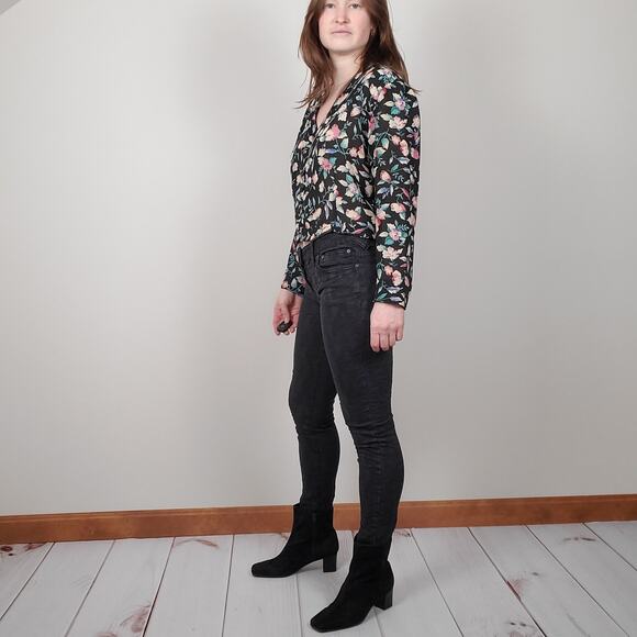 Vintage 80s 90s Floral Blouse Black Large - Picture 2 of 11